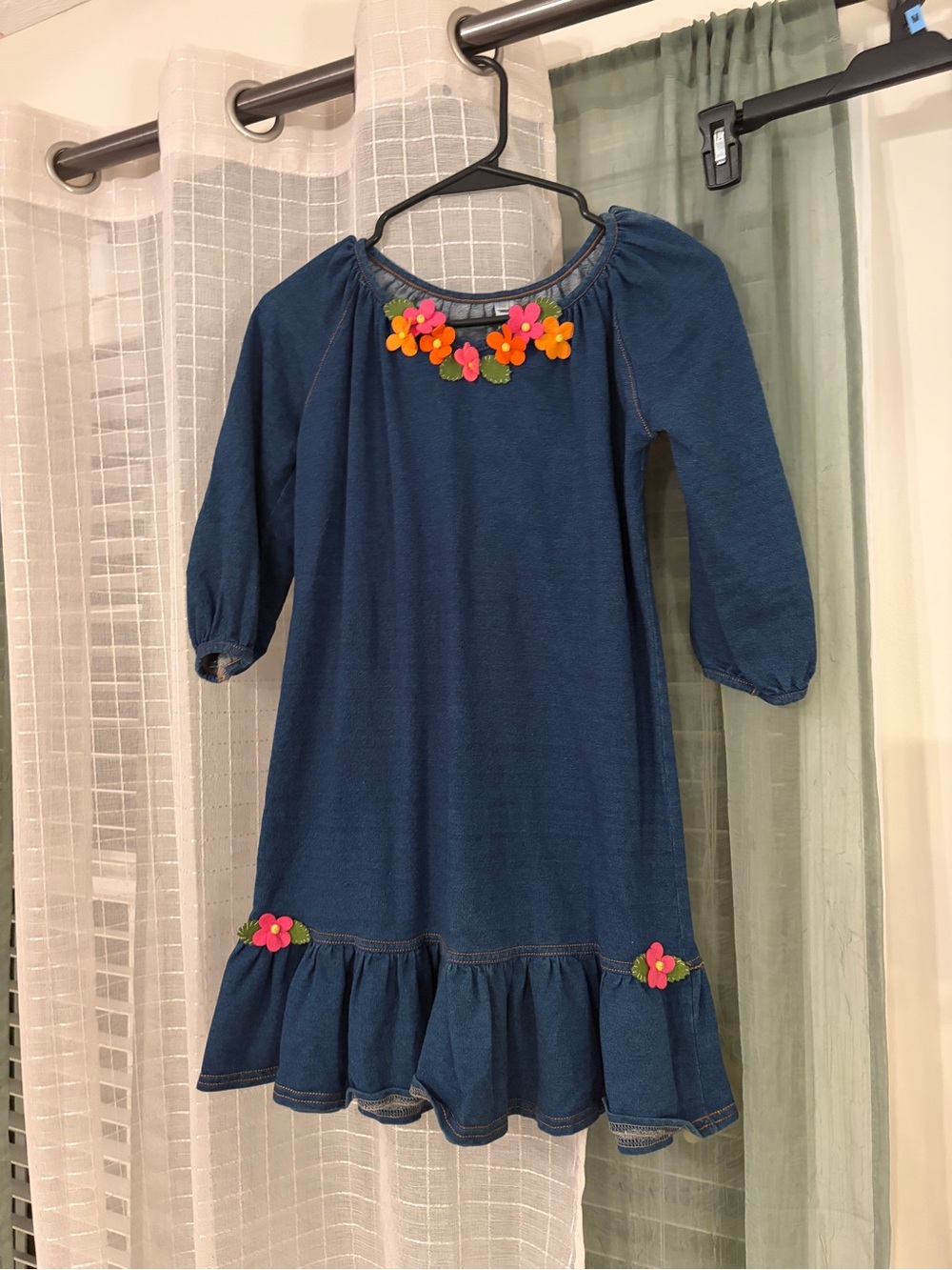 Blue Denim Floral-Accent Girls' Dress